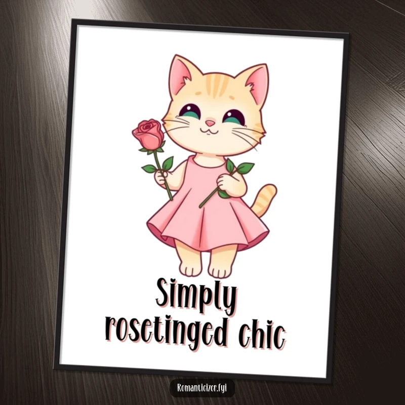 Funny digital art print of a sophisticated cat in an elegant dress offering a single rose, full of charm.