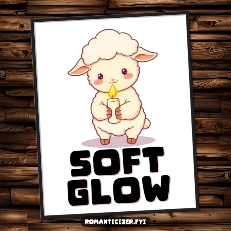 Funny sheep holding a lit candle, casting a soft romantic glow, digital art print ideal for instant cozy and whimsical wall decor.