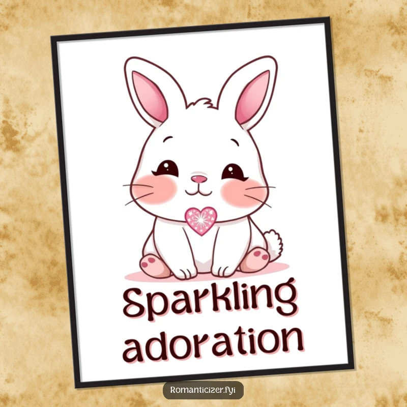 Funny blushing bunny digital art print, showing a sweet bunny looking affectionately at a small, sparkling heart icon, perfect for cute wall decor.