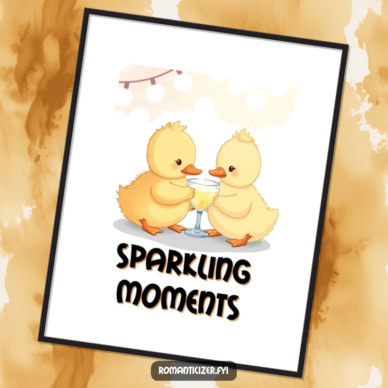 Funny duckling sharing a small sparkling drink under soft lights, digital art print ideal for instant festive and whimsical wall decor.