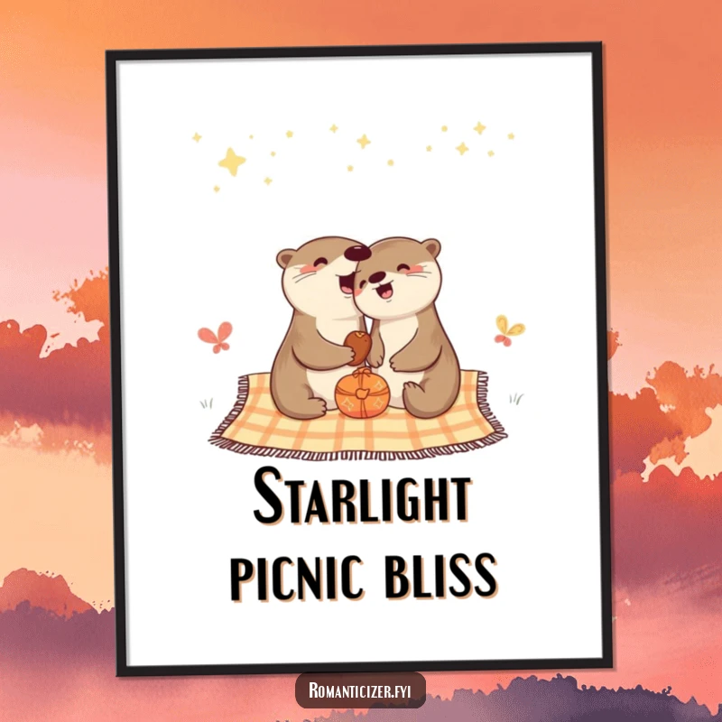 Funny digital art print of a cheerful otter having a picnic under a vast, twinkling starry sky.