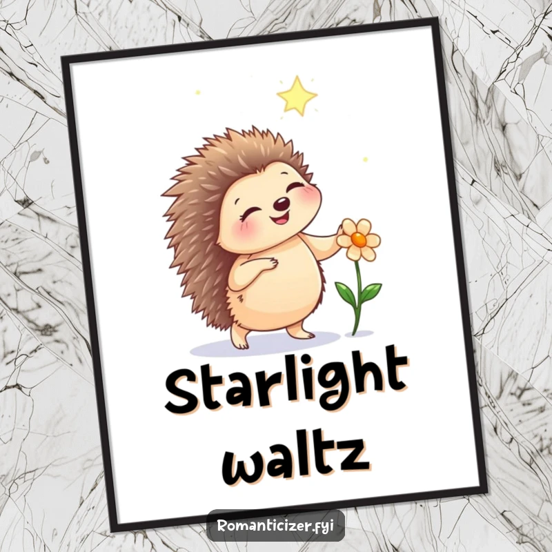 Funny hedgehog digital art print of a happy hedgehog dancing under starlight with a flower, perfect for instant, whimsical decor.