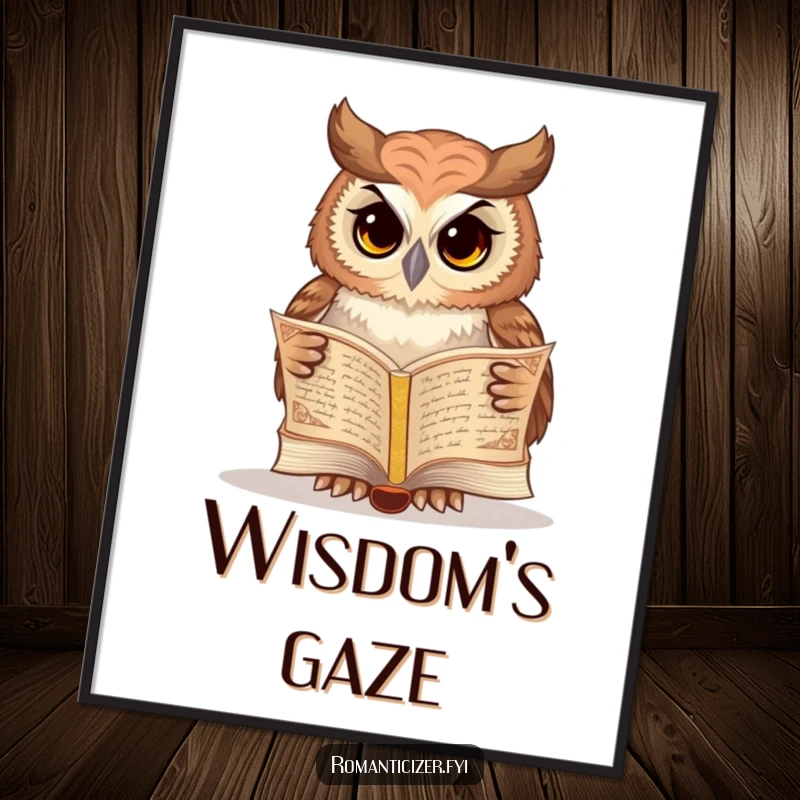 Funny owl digital art print of a wise owl reading poetry from an ancient book, a funny and erudite download.