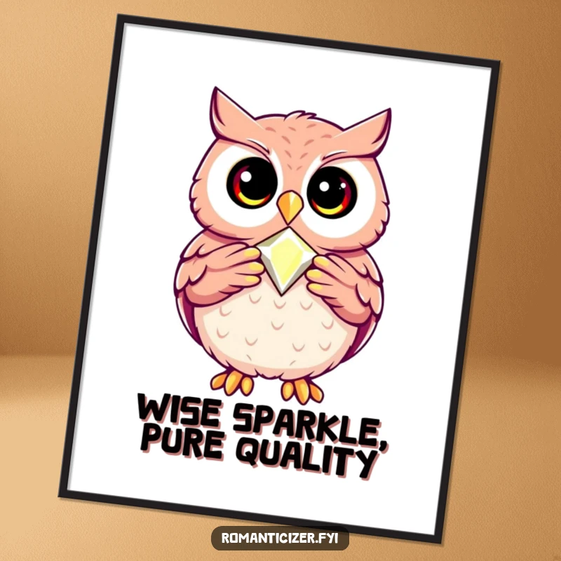 Funny digital art print of a happy owl proudly presenting a single, perfectly crafted jewel, conveying wisdom and beauty.