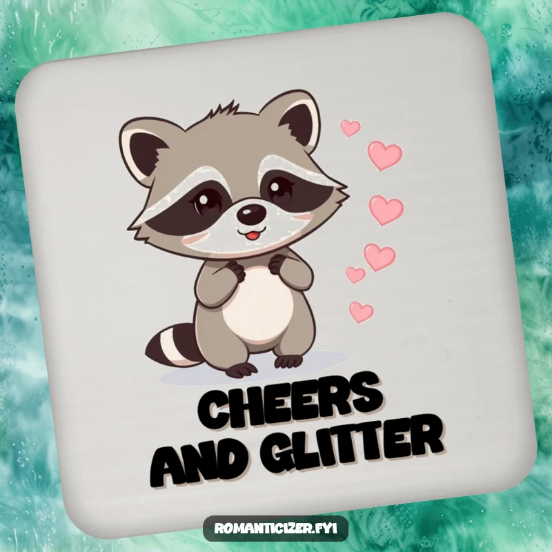 Funny raccoon drink coaster with a raccoon leaving a trail of sparkling hearts, adding funny charm to surfaces.