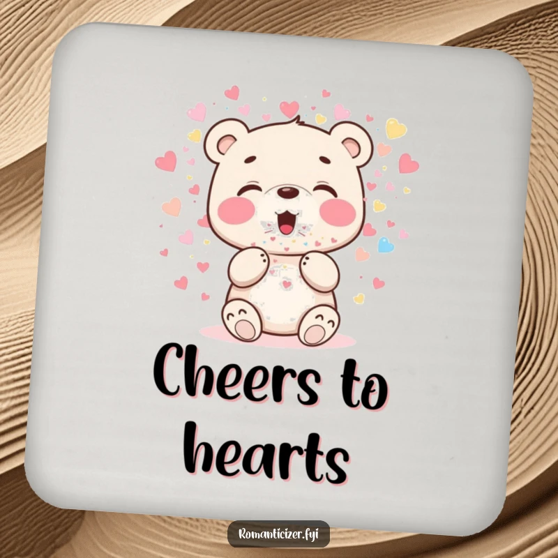 Funny bear cub coaster showing a cheerful cub blowing sparkling heart confetti, protecting surfaces with festive flair.