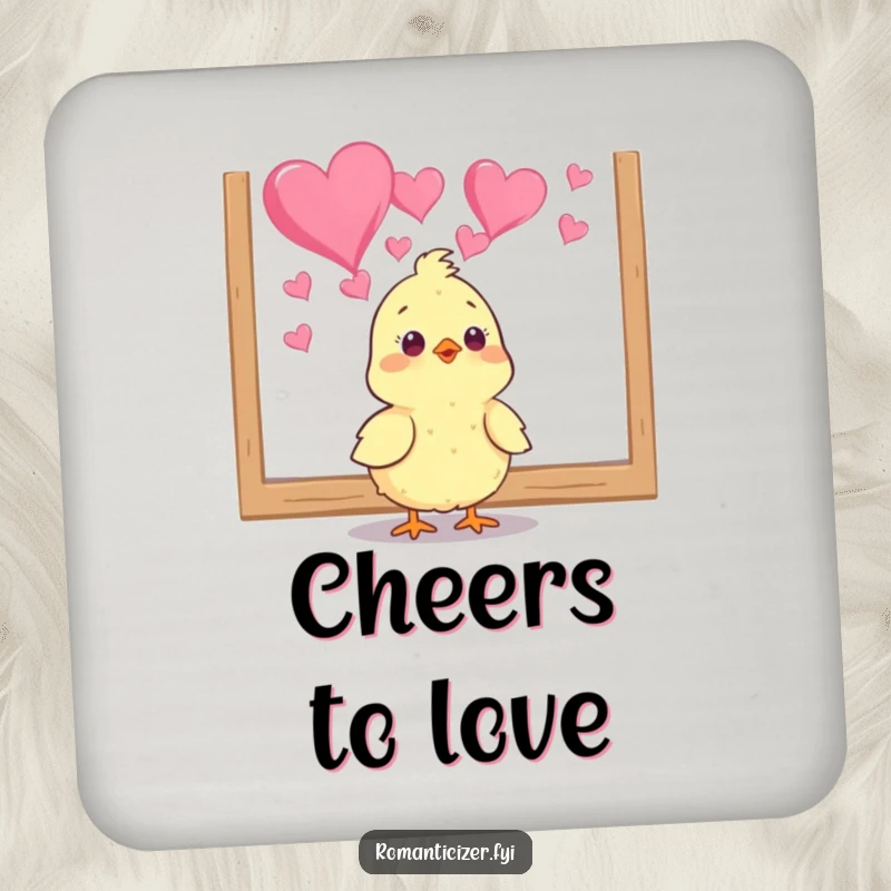 Funny chick coaster showing a bird mesmerized by heart art, adding humorous charm to any surface. A cute gift.