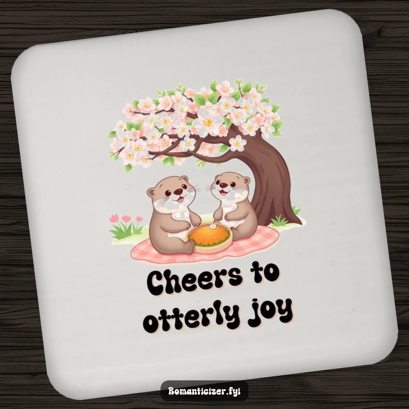 Funny cheerful otter coaster showing a happy animal sharing a picnic under a blooming tree, adding a humorous and charming touch to any table.