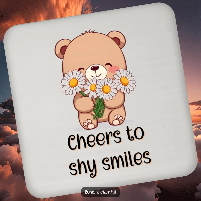 Funny coaster with a charming bear holding oversized daisies and a shy grin, offering gentle, floral surface protection.
