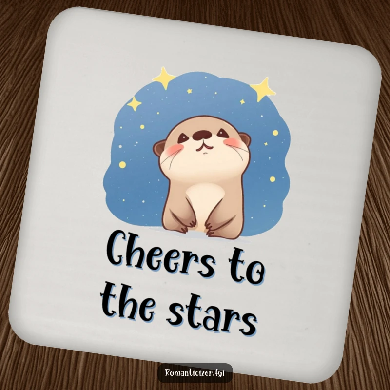 Funny otter coaster showing a giggling animal looking at a starry night sky, adding humorous charm to any surface. Cute gift.