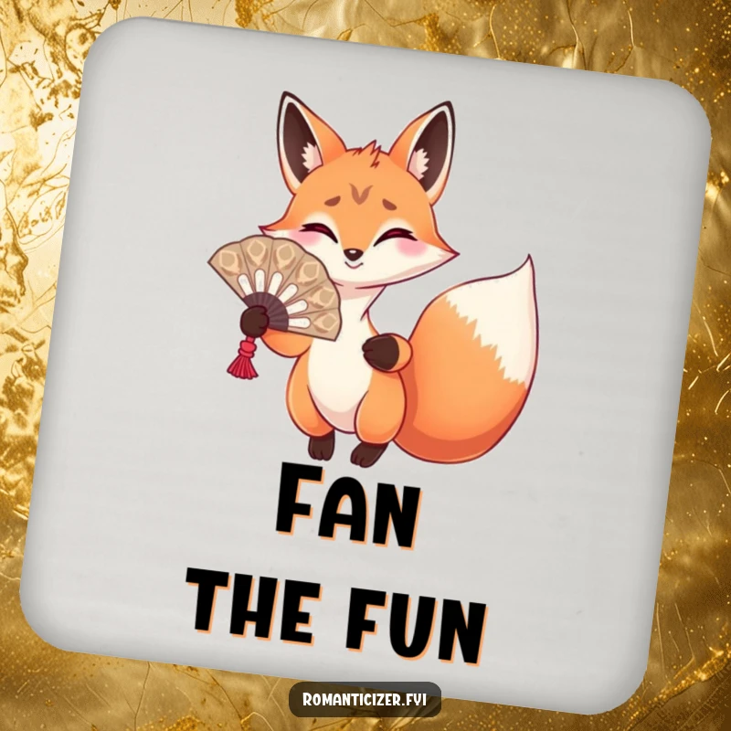 Funny fox coaster showing a playful fox holding an ornate fan and gesturing dramatically, protecting surfaces with style.