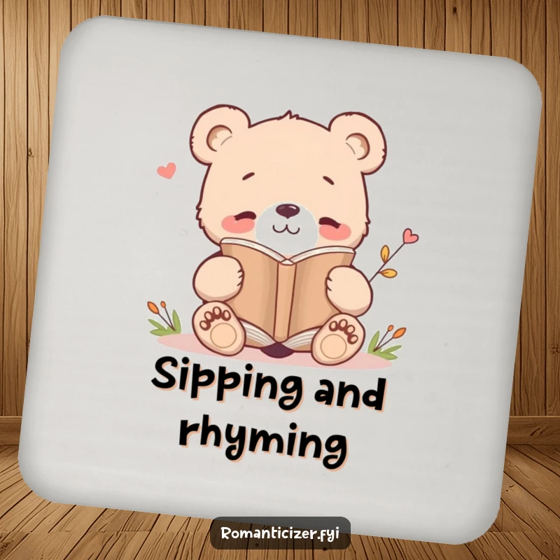 Funny drink coasters featuring a bear cub reading a poetry book, protecting surfaces with a dose of literary humor.