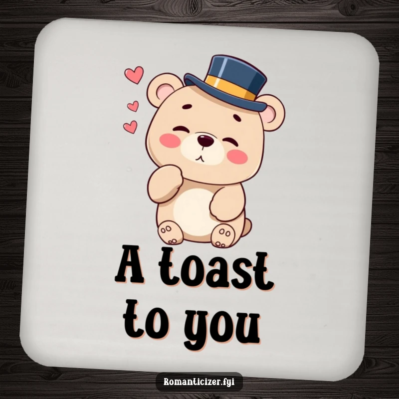 Funny drink coaster with a bear in a top hat blowing a kiss and winking, perfect for tables.