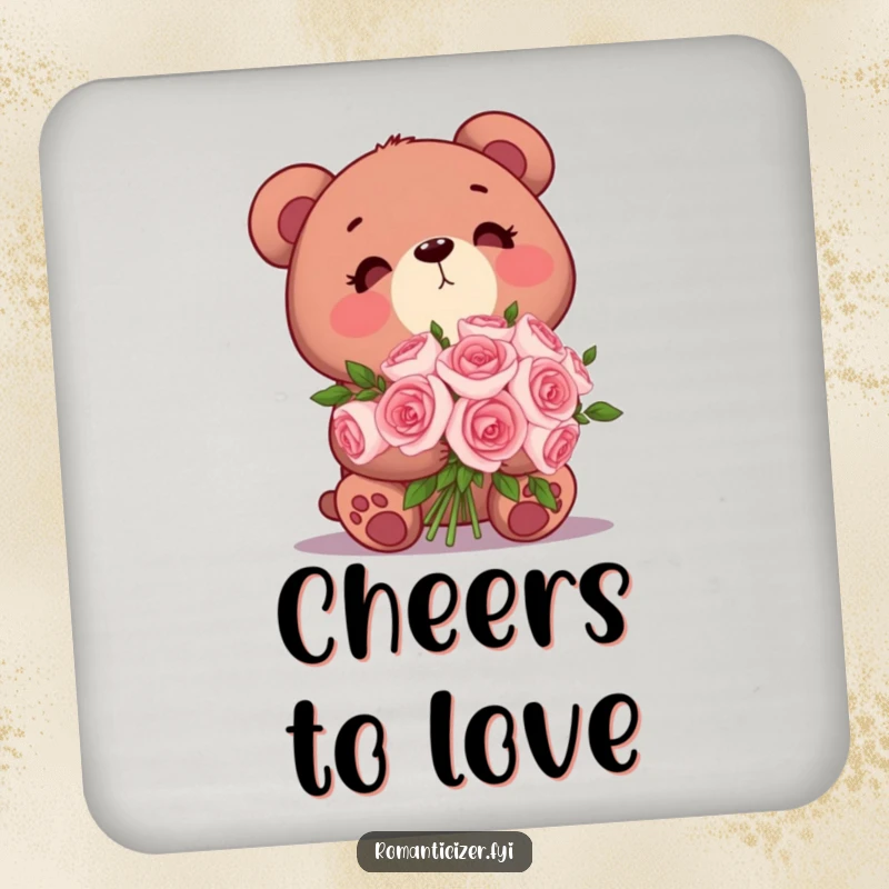 Funny Bear Coaster: A cute bear holding roses looks dreamily upwards, protecting your table with sweet, romantic charm.