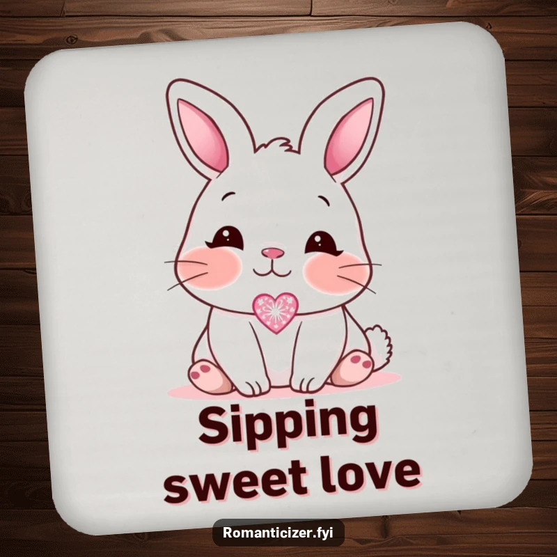 Funny blushing bunny coaster, showing a sweet bunny looking affectionately at a small, sparkling heart icon, adding charming cute protection.