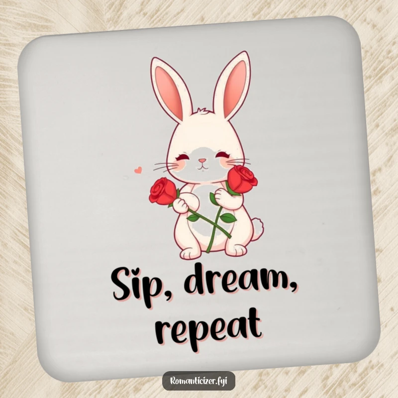 Funny drink coasters with a cute bunny holding a red rose, looking dreamy, adding romantic humor to tables.
