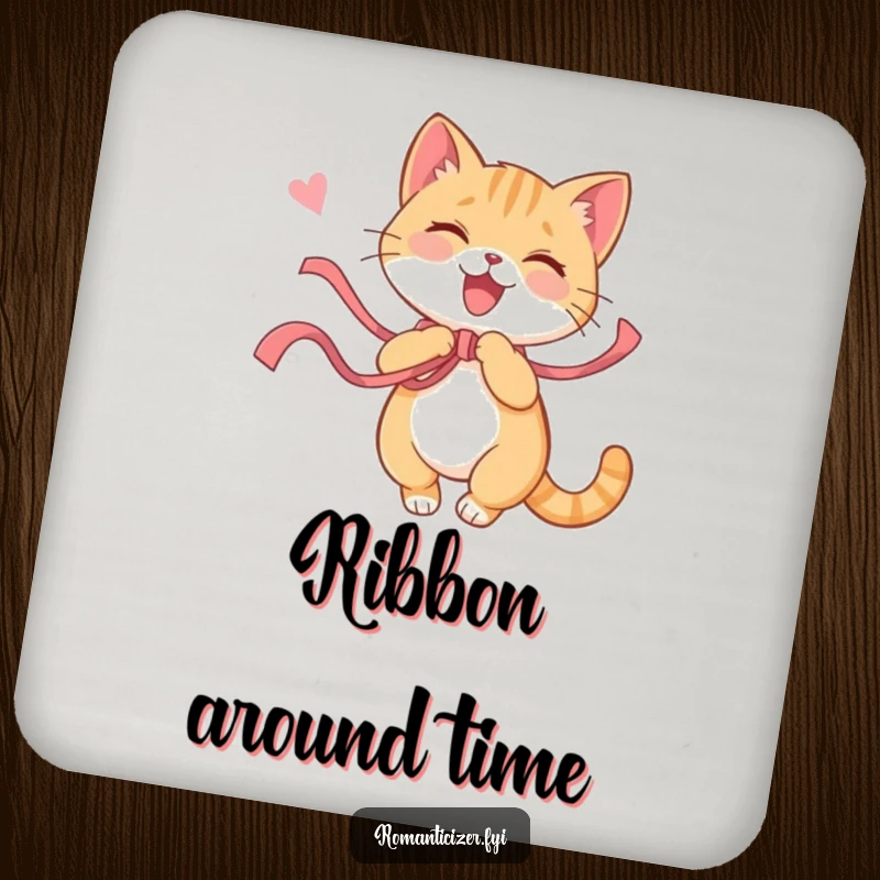 Funny cat drink coaster depicting a playful cat twirling with a ribbon, a happy sigh evident. Whimsical and protective home accessory.