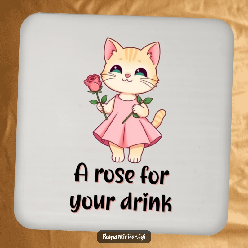 Funny drink coaster featuring a cat in a dress with a rose, perfect for protecting surfaces.