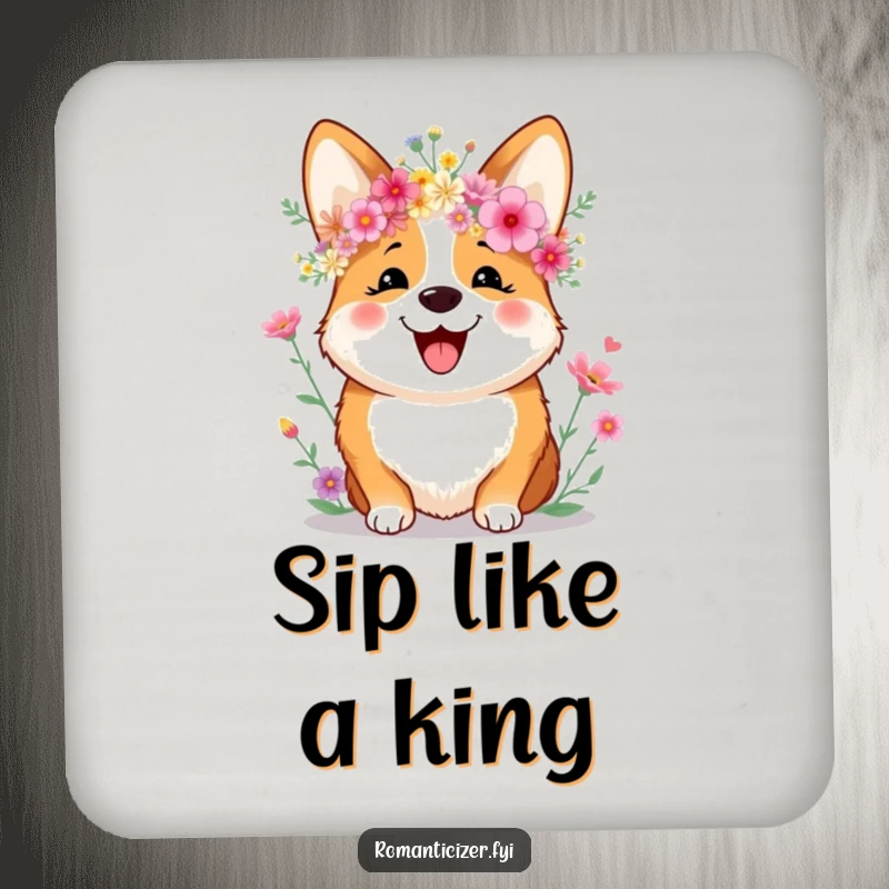Funny Drink Coaster featuring a joyful corgi crowned with wildflowers and a sweet smile, adding charm to any drink setting.