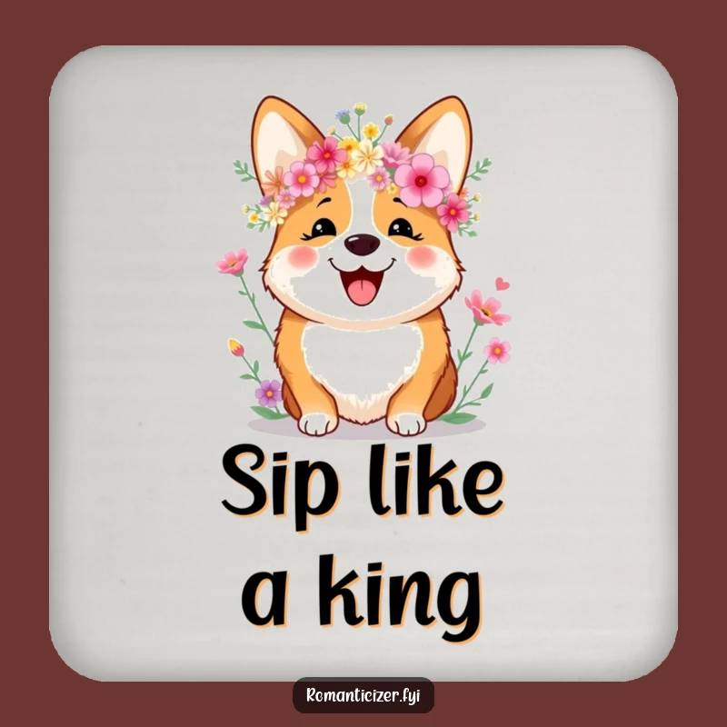 Funny Corgi Drink Coaster: Wildflower Crown Charm, Protect Surfaces with Smiles