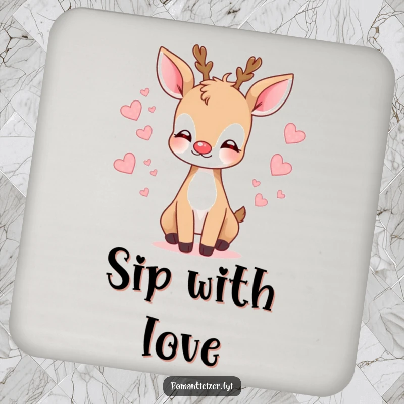 Funny deer kiss coaster with a gentle deer blowing a kiss and hearts, protecting surfaces with love.