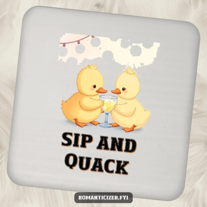 Funny duckling coasters showcasing a duckling sharing a small sparkling drink under soft lights, protecting tabletops with cheer.