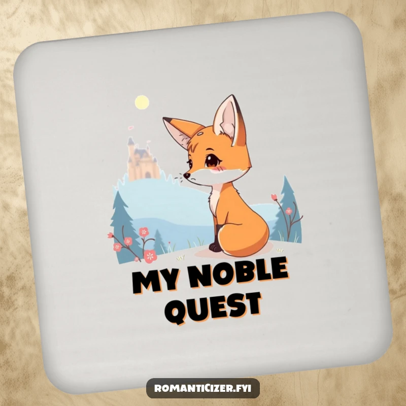 Funny drink coaster set with a charming fox wistfully gazing at a distant, glowing castle.