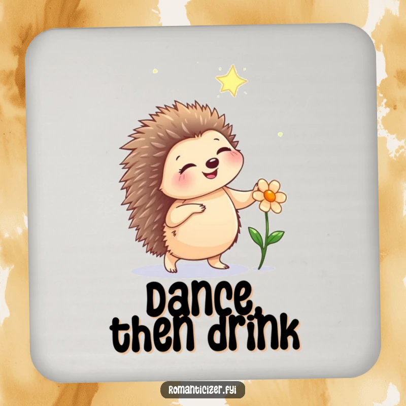 Funny hedgehog drink coaster featuring a happy hedgehog dancing under starlight with a flower, adding whimsical charm to any table.