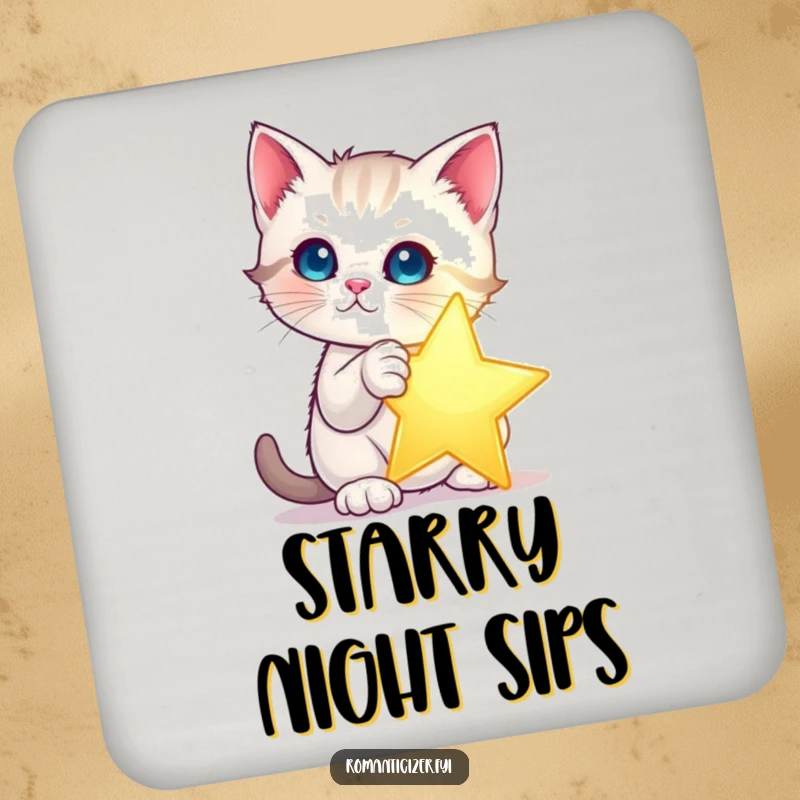Funny kitten star coaster showing a kitten dramatically posing with a single, glowing star. Protects surfaces with humor and magic.