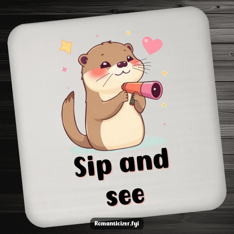 Funny coaster, an otter humorously gazing at stars through a heart-shaped telescope, a cosmic and funny accent.