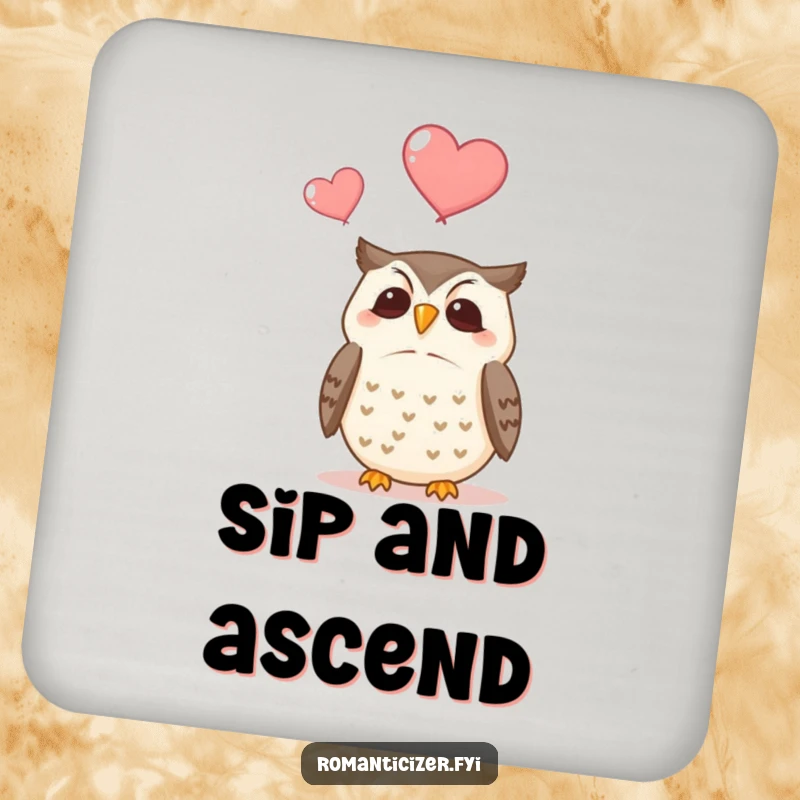 Funny coaster with a contented owl gazing at two ascending hearts, providing stylish protection for surfaces.