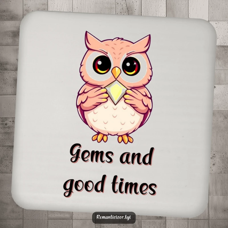Funny drink coaster with a happy owl presenting a perfectly crafted jewel, ideal for protecting surfaces elegantly.