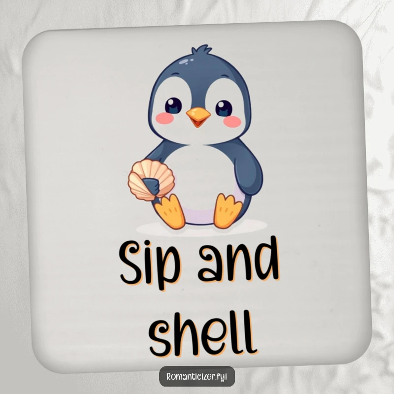 Funny penguin coaster showing a cheerful bird offering a seashell with a loving smile, adding humorous charm to any surface. Cute gift.