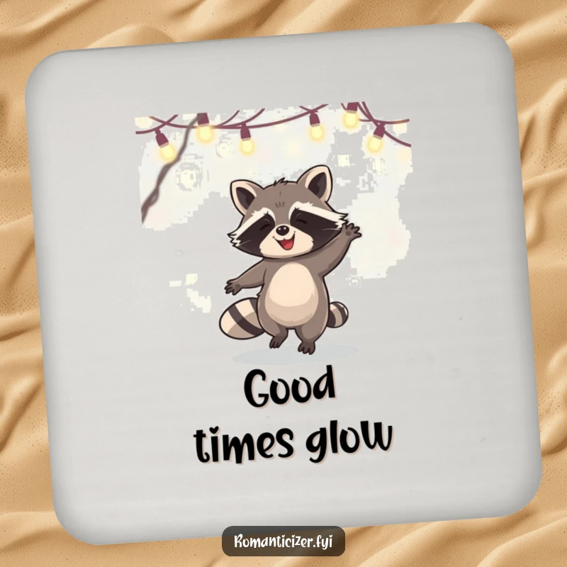 Funny Drink Coaster featuring a happy raccoon dancing under enchanting fairy lights, protecting surfaces with a touch of whimsical charm.