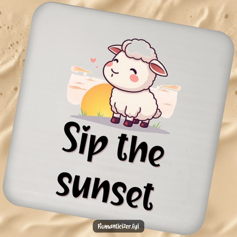Funny sheep drink coaster with a content sheep watching a sunset, adding funny charm to surfaces.