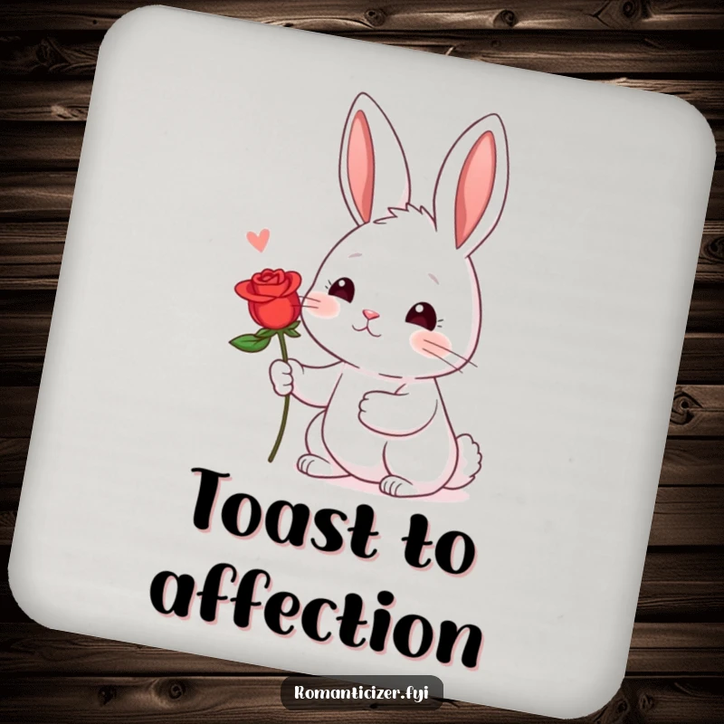 Funny Shy Rabbit Rose Coaster: A shy rabbit offers a red rose, blushing, offering sweet and hopeful protection.