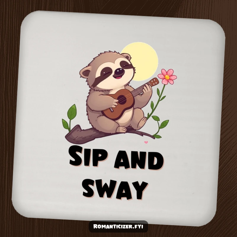 Funny coaster, a sloth humorously playing a guitar to serenade a flower under the moonlight, a musical and funny accent.