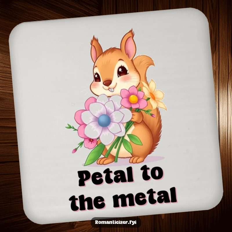 Funny coaster with a squirrel holding an oversized flower bouquet, protecting surfaces with style, a charming funny gift.