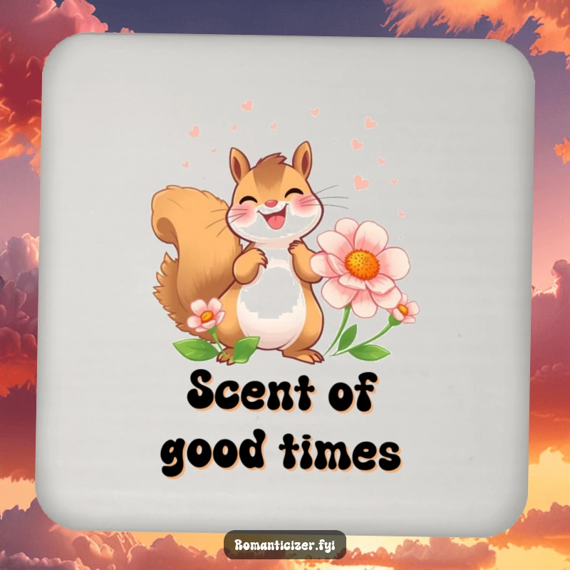 Funny Squirrel Coaster featuring a joyful squirrel showering a flower with perfume, protecting surfaces with charm.