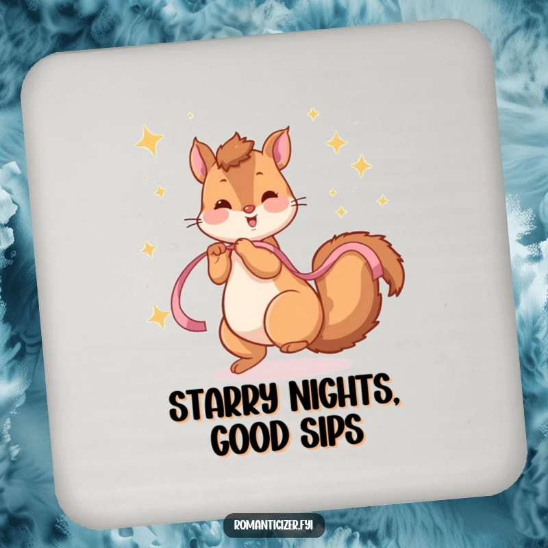 Funny drink coaster with a playful squirrel twirling with a ribbon amidst sparkling stars, adding magical charm.