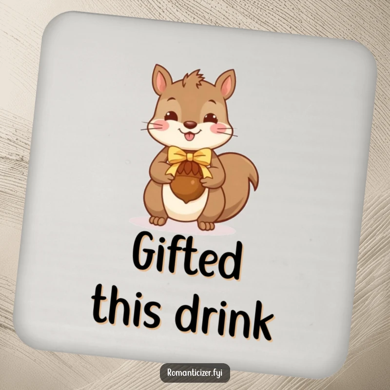 Funny squirrel drink coaster featuring a cheerful squirrel offering a ribbon-adorned acorn, adding woodland charm to any table.