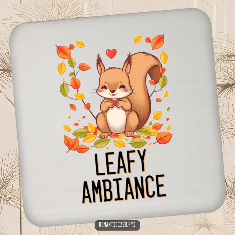 Funny squirrel coasters displaying a heart crafted from fallen leaves, offering a cute and protective element for tabletops.