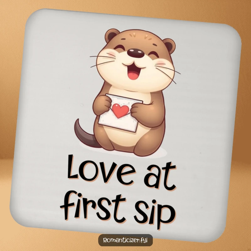 Funny Otter Coaster featuring a happy otter holding a tiny love letter, protecting surfaces with charm.