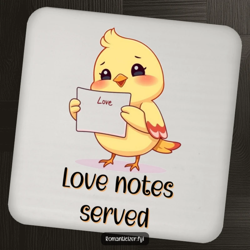 Funny drink coaster with a cheerful small bird holding a love letter, protecting surfaces with a smile.