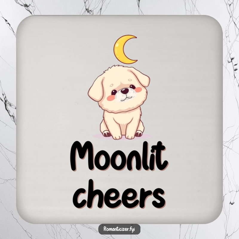 Funny dog moon coaster showing a fluffy dog gazing adoringly at a crescent moon. Protects surfaces with humor and love.