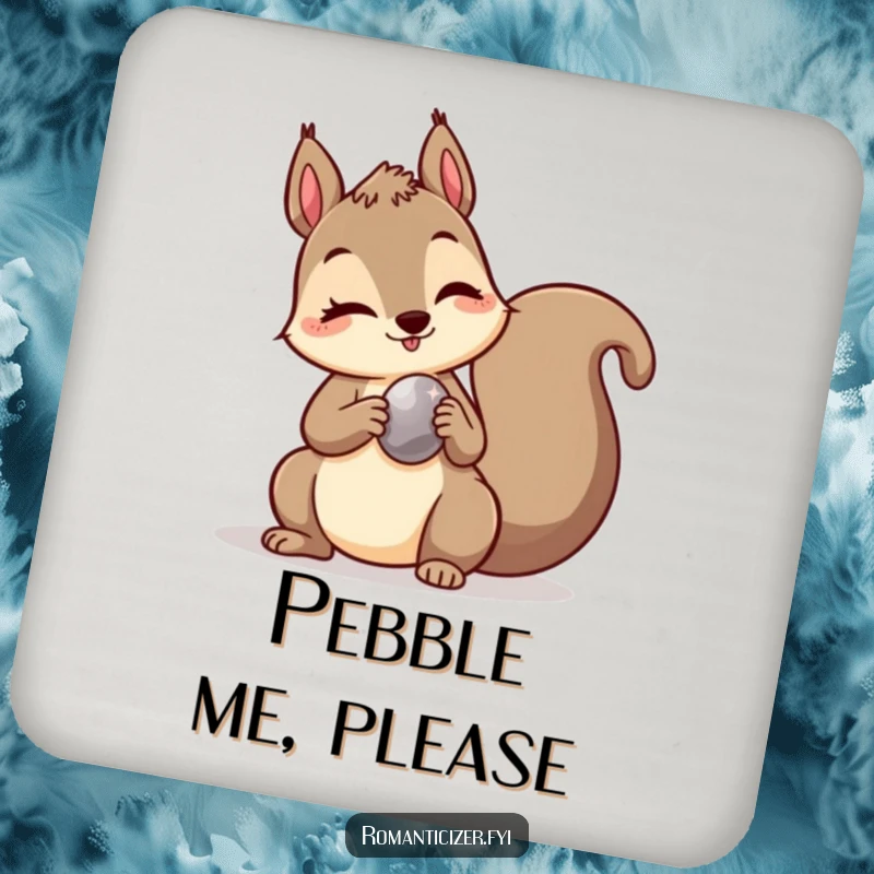 Funny drink coasters featuring a mischievous squirrel winking and holding a shiny pebble, protecting surfaces with playful humor.