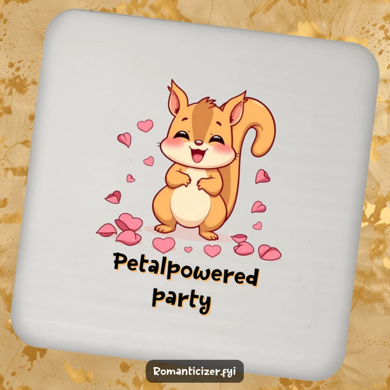 Funny drink coaster featuring a delighted squirrel scattering rose petals, adding a humorous and protective touch to surfaces.