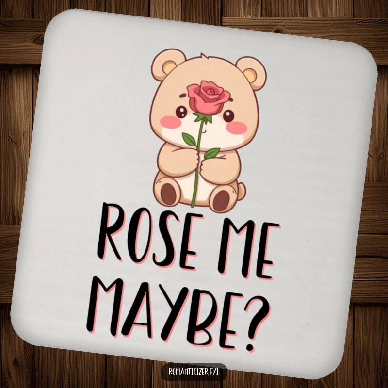 Funny drink coaster set with a small bear dreamily presenting a single perfect rose.