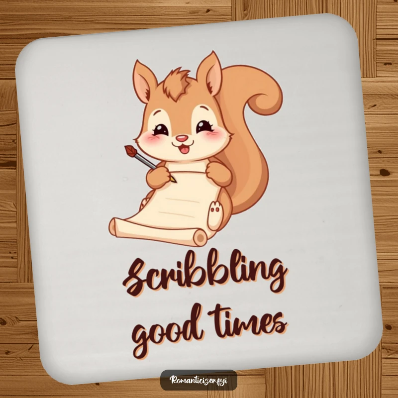Funny coaster, a squirrel humorously writing poetry with a quill, a literary and funny accent for tables.
