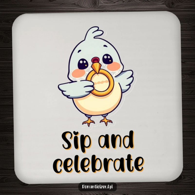 Funny coaster with an excited bird holding a diamond ring, protecting surfaces with style, a charming funny gift.